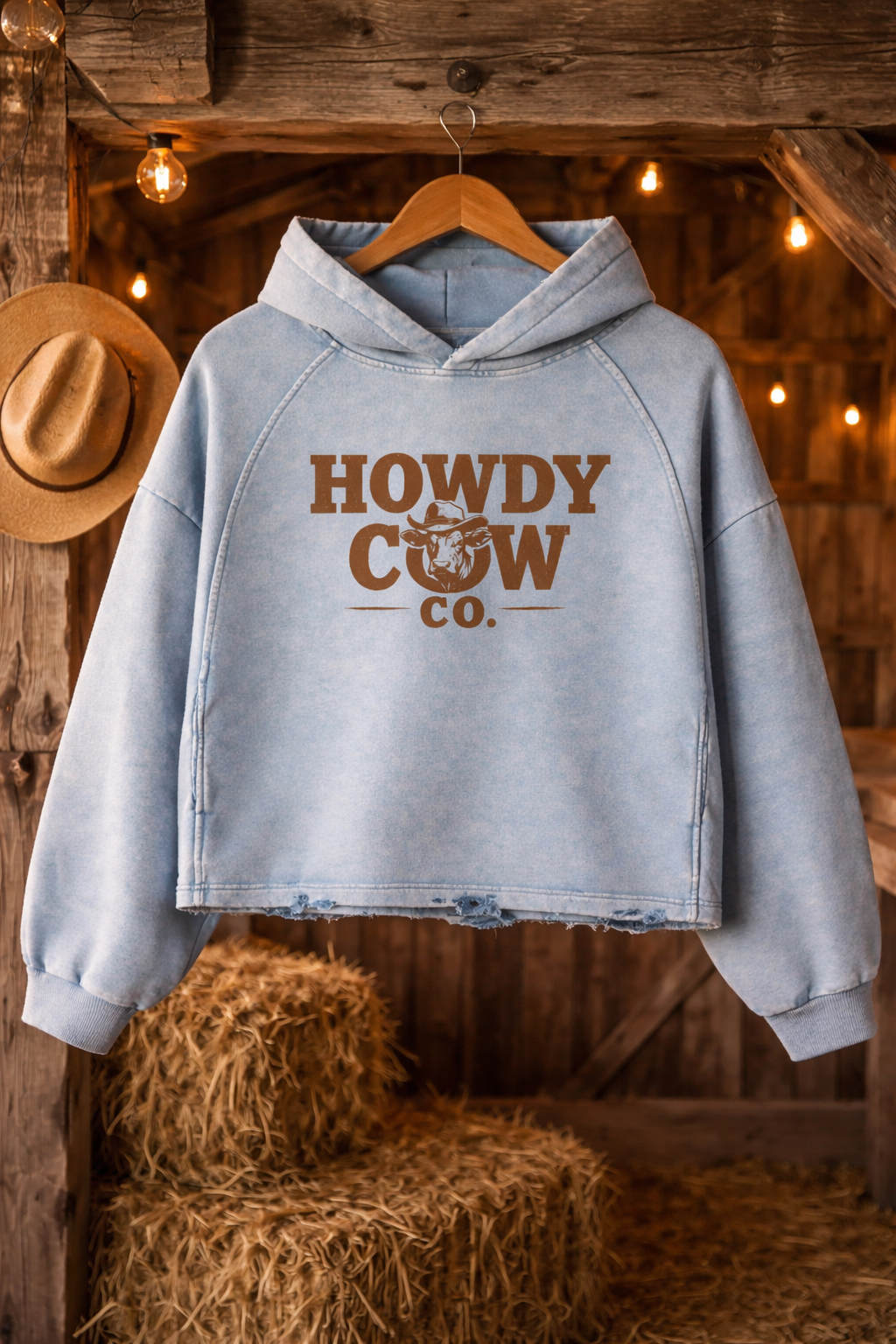 Howdy Cow Co. Vintage Washed Frayed-Hem Hoodie