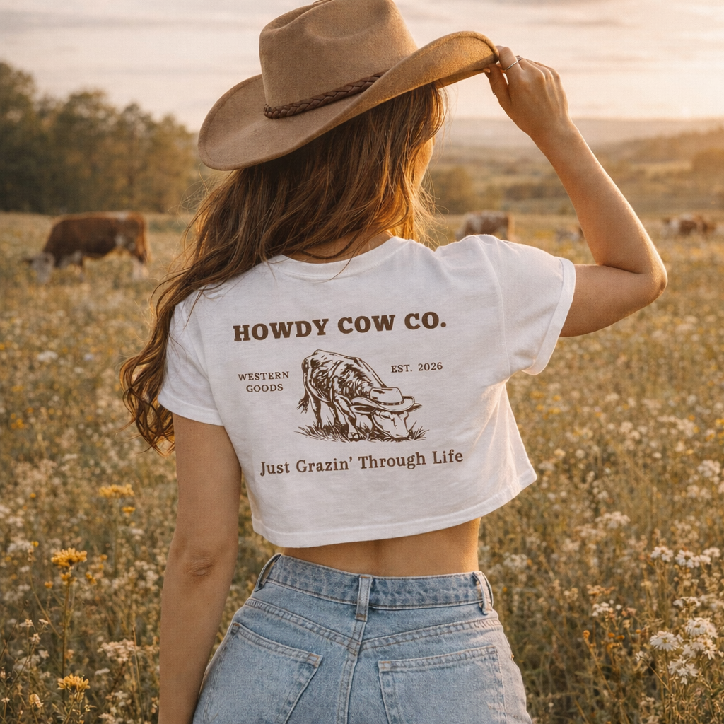 Howdy Cow Co. Crop Top — 'Just Grazin' Through Life' Western Graphic